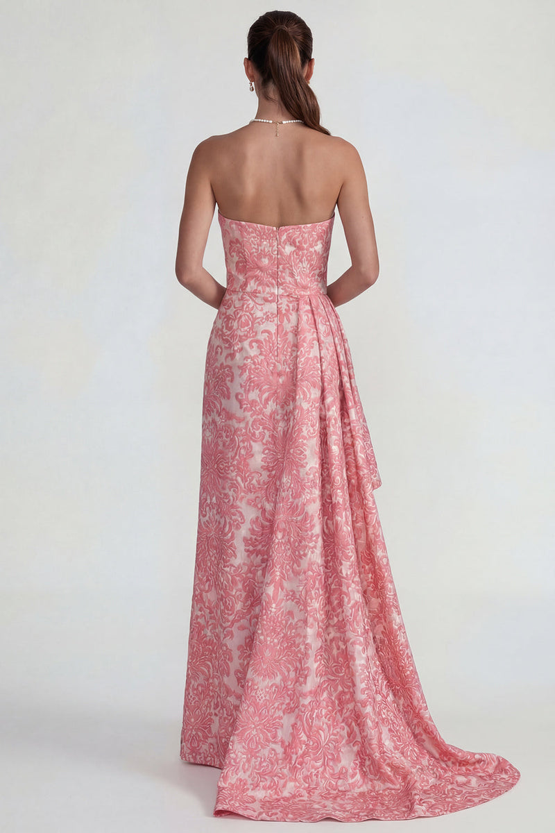 Load image into Gallery viewer, Strapless Sheath Ruffled Jacquard Floral Long Formal Dress with Slit