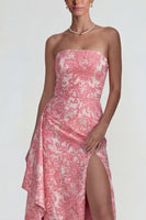 Load image into Gallery viewer, Strapless Sheath Ruffled Jacquard Floral Long Formal Dress with Slit