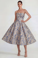 Load image into Gallery viewer, Grey Blue A Line Jacquard Strapless Floral Long Formal Dress