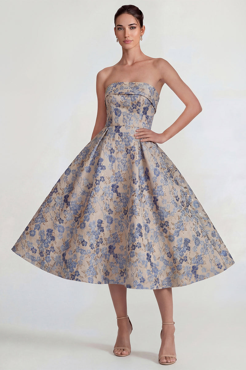 Load image into Gallery viewer, Grey Blue A Line Jacquard Strapless Floral Long Formal Dress