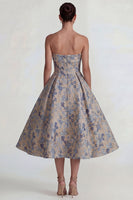 Load image into Gallery viewer, Grey Blue A Line Jacquard Strapless Floral Long Formal Dress