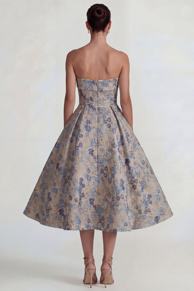 Load image into Gallery viewer, Grey Blue A Line Jacquard Strapless Floral Long Formal Dress