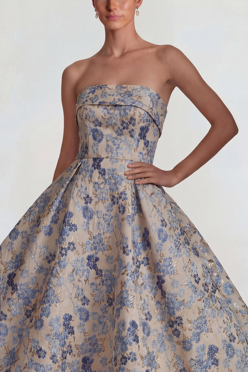 Load image into Gallery viewer, Grey Blue A Line Jacquard Strapless Floral Long Formal Dress