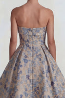 Load image into Gallery viewer, Grey Blue A Line Jacquard Strapless Floral Long Formal Dress