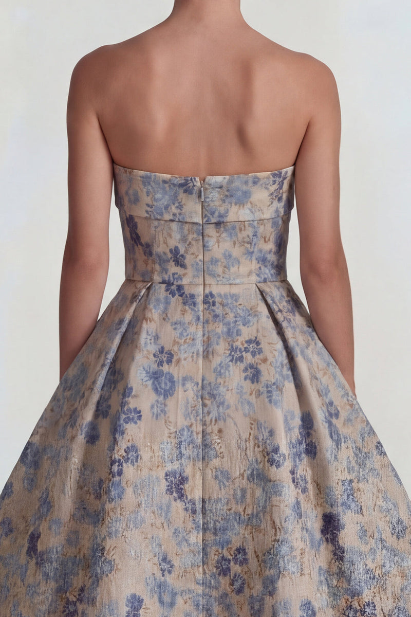 Load image into Gallery viewer, Grey Blue A Line Jacquard Strapless Floral Long Formal Dress