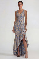 Load image into Gallery viewer, Grey Blue V Neck Ruffled Floral Jacquard Long Mermaid Formal Dress with Slit