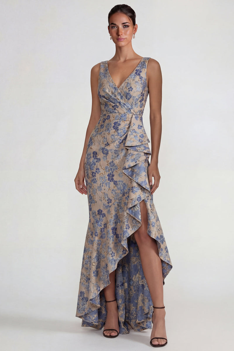 Load image into Gallery viewer, Grey Blue V Neck Ruffled Floral Jacquard Long Mermaid Formal Dress with Slit