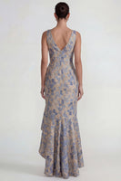 Load image into Gallery viewer, Grey Blue V Neck Ruffled Floral Jacquard Long Mermaid Formal Dress with Slit