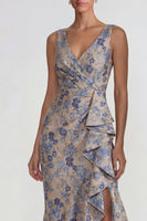 Load image into Gallery viewer, Grey Blue V Neck Ruffled Floral Jacquard Long Mermaid Formal Dress with Slit