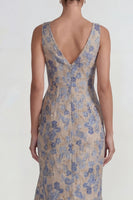 Load image into Gallery viewer, Grey Blue V Neck Ruffled Floral Jacquard Long Mermaid Formal Dress with Slit