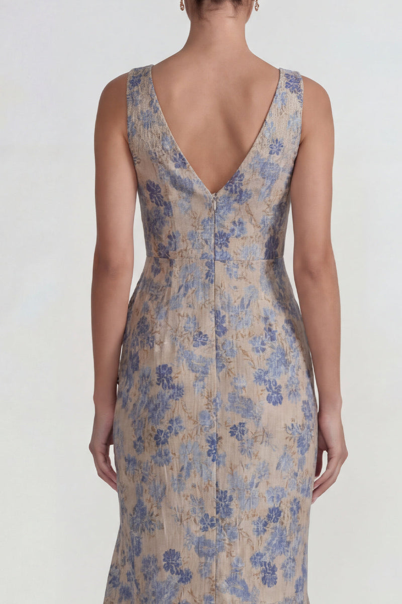 Load image into Gallery viewer, Grey Blue V Neck Ruffled Floral Jacquard Long Mermaid Formal Dress with Slit