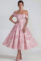 Load image into Gallery viewer, Pink A Line Jacquard Off the Shoulder Corset Long Formal Dress
