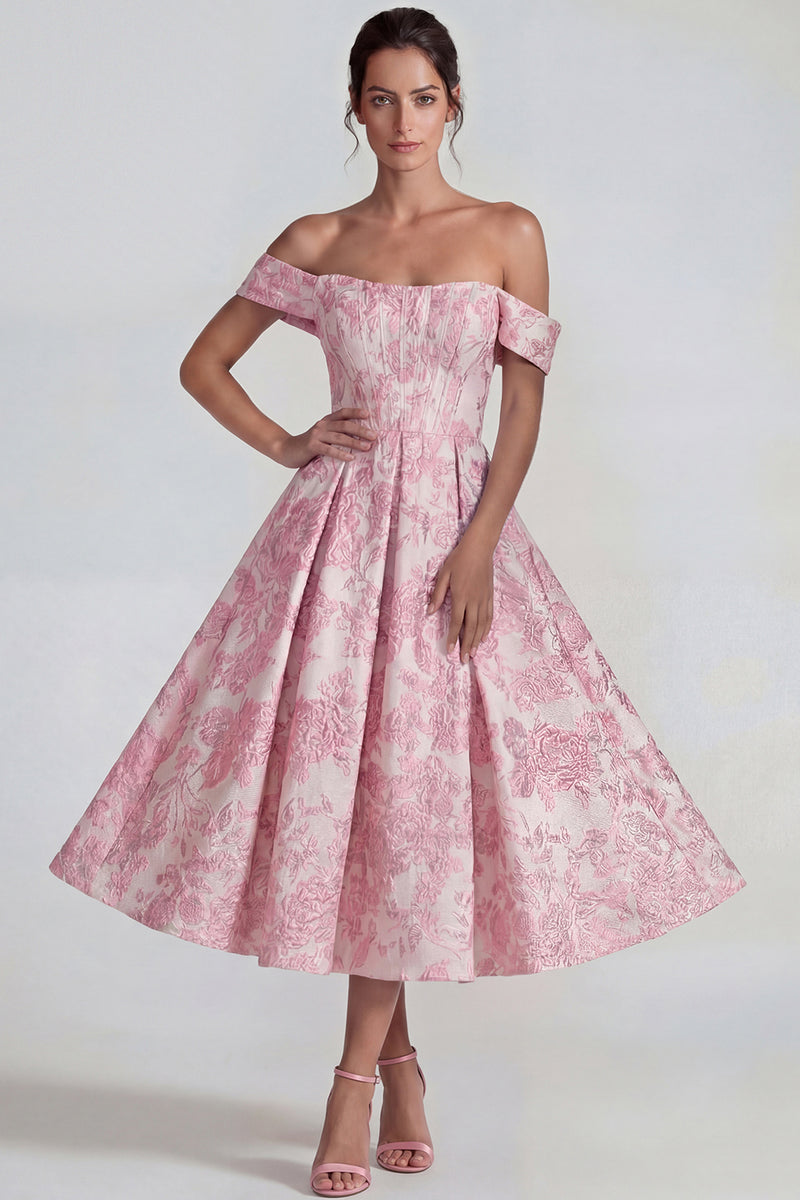 Load image into Gallery viewer, Pink A Line Jacquard Off the Shoulder Corset Long Formal Dress