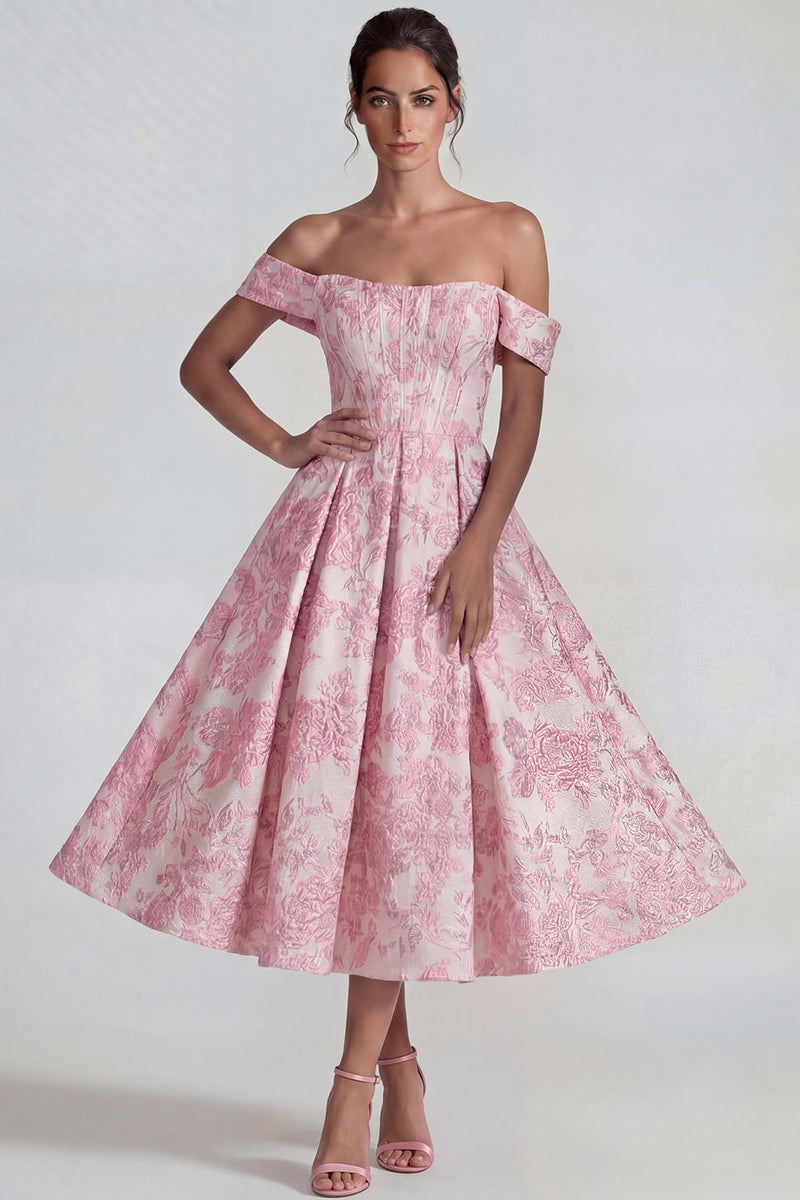 Load image into Gallery viewer, Pink A Line Jacquard Off the Shoulder Corset Long Formal Dress