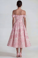 Load image into Gallery viewer, Pink A Line Jacquard Off the Shoulder Corset Long Formal Dress