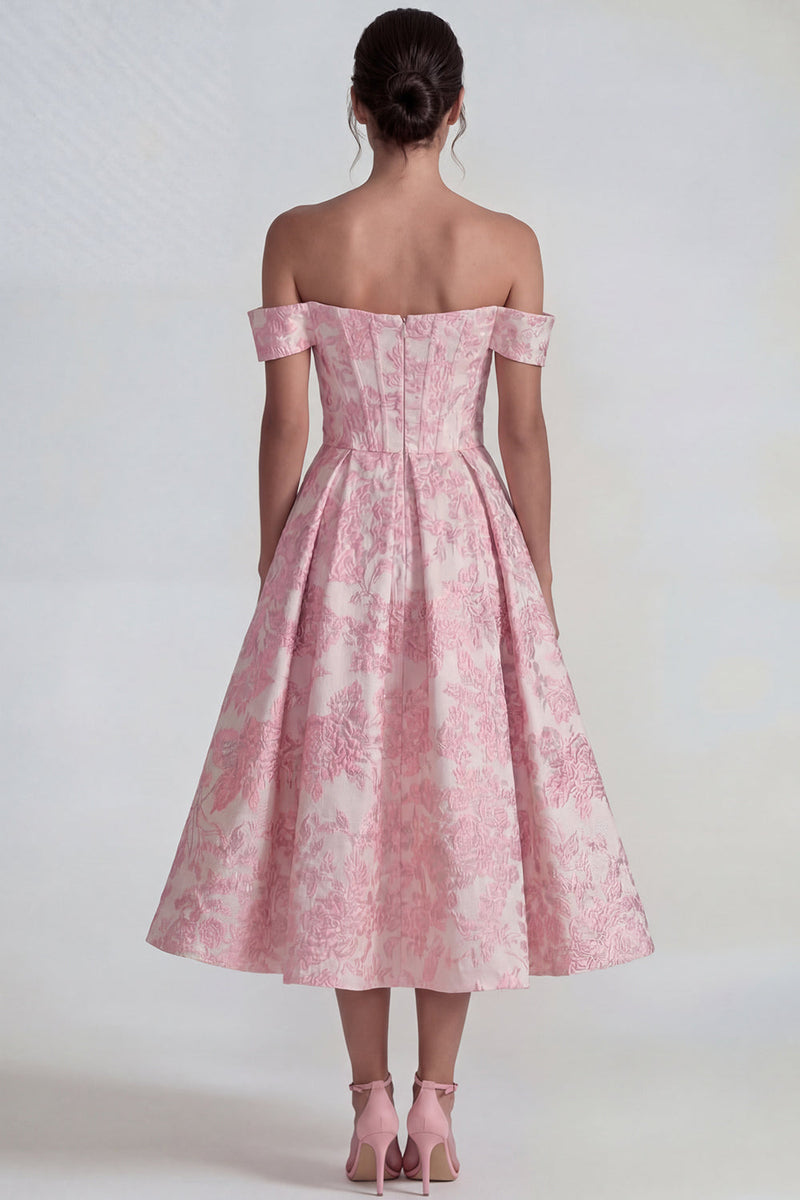 Load image into Gallery viewer, Pink A Line Jacquard Off the Shoulder Corset Long Formal Dress