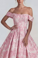 Load image into Gallery viewer, Pink A Line Jacquard Off the Shoulder Corset Long Formal Dress