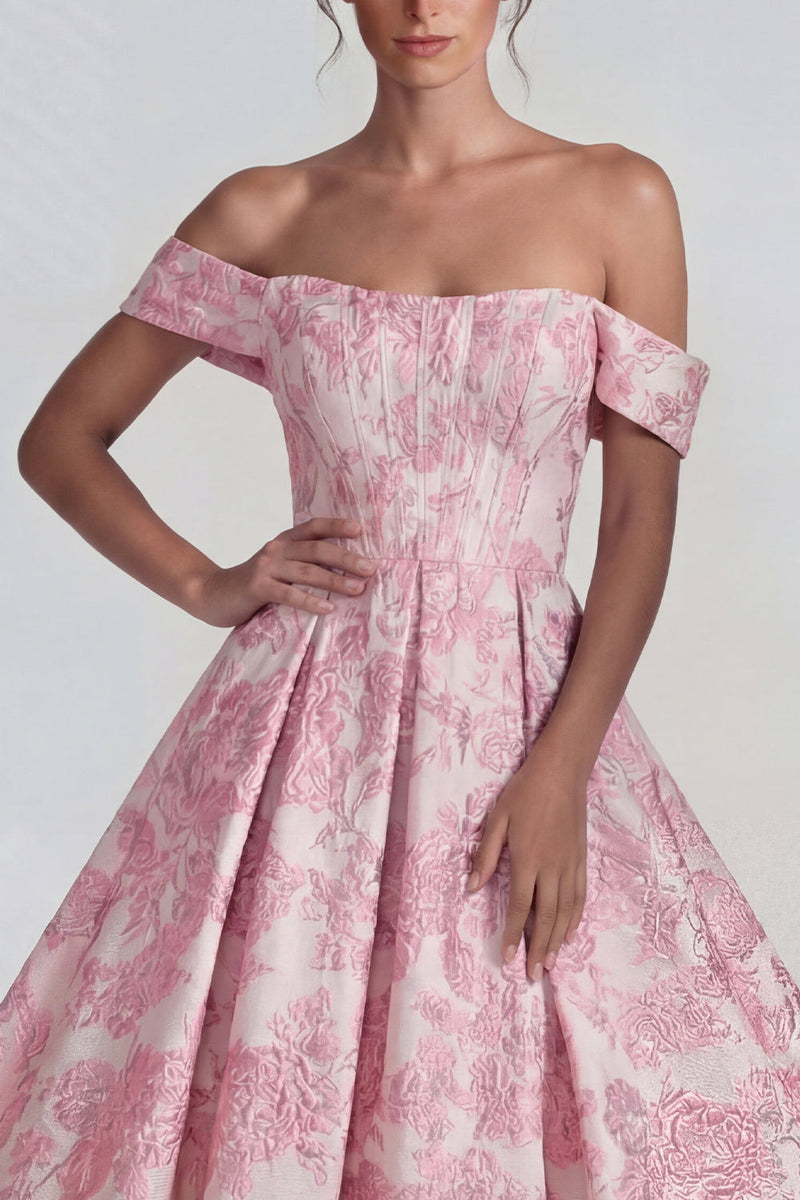 Load image into Gallery viewer, Pink A Line Jacquard Off the Shoulder Corset Long Formal Dress