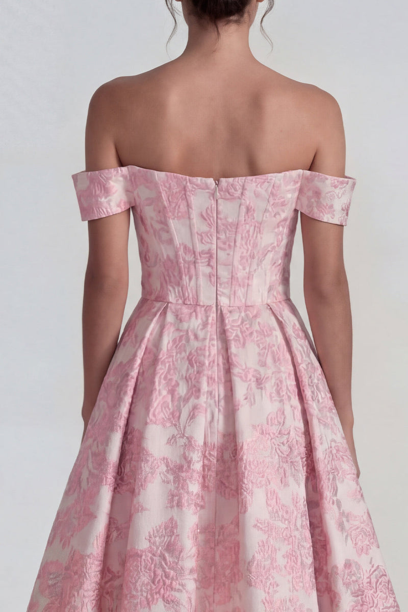 Load image into Gallery viewer, Pink A Line Jacquard Off the Shoulder Corset Long Formal Dress