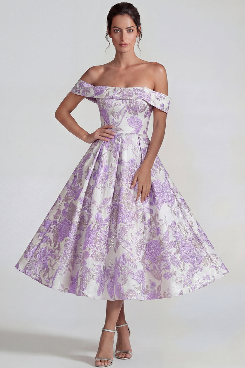 Load image into Gallery viewer, Lilac Off the Shoulder A Line Floral Jacquard Long Formal Dress