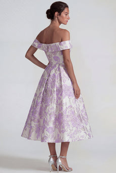 Lilac Off the Shoulder A Line Floral Jacquard Long Formal Dress