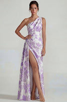 Load image into Gallery viewer, Lilac Sheath Jacquard One Shoulder Floral Long Formal Dress with Slit