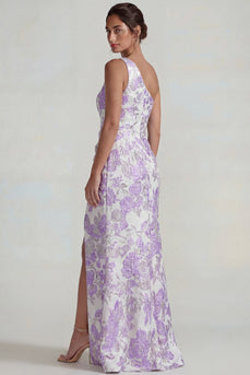 Lilac Sheath Jacquard One Shoulder Floral Long Formal Dress with Slit