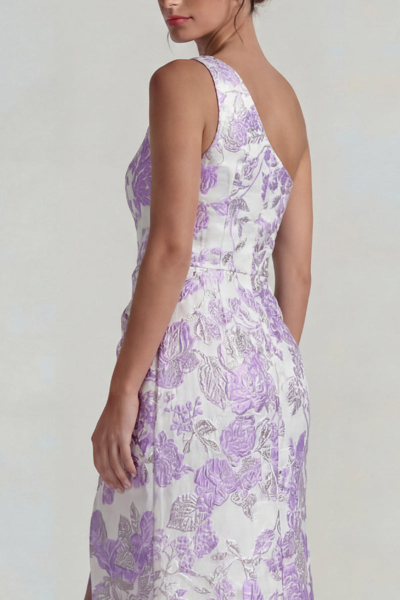 Load image into Gallery viewer, Lilac Sheath Jacquard One Shoulder Floral Long Formal Dress with Slit