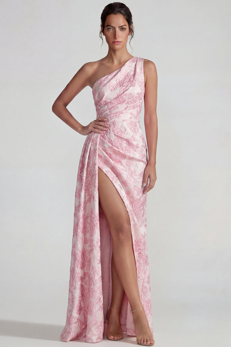 Load image into Gallery viewer, Lilac Sheath Jacquard One Shoulder Floral Long Formal Dress with Slit