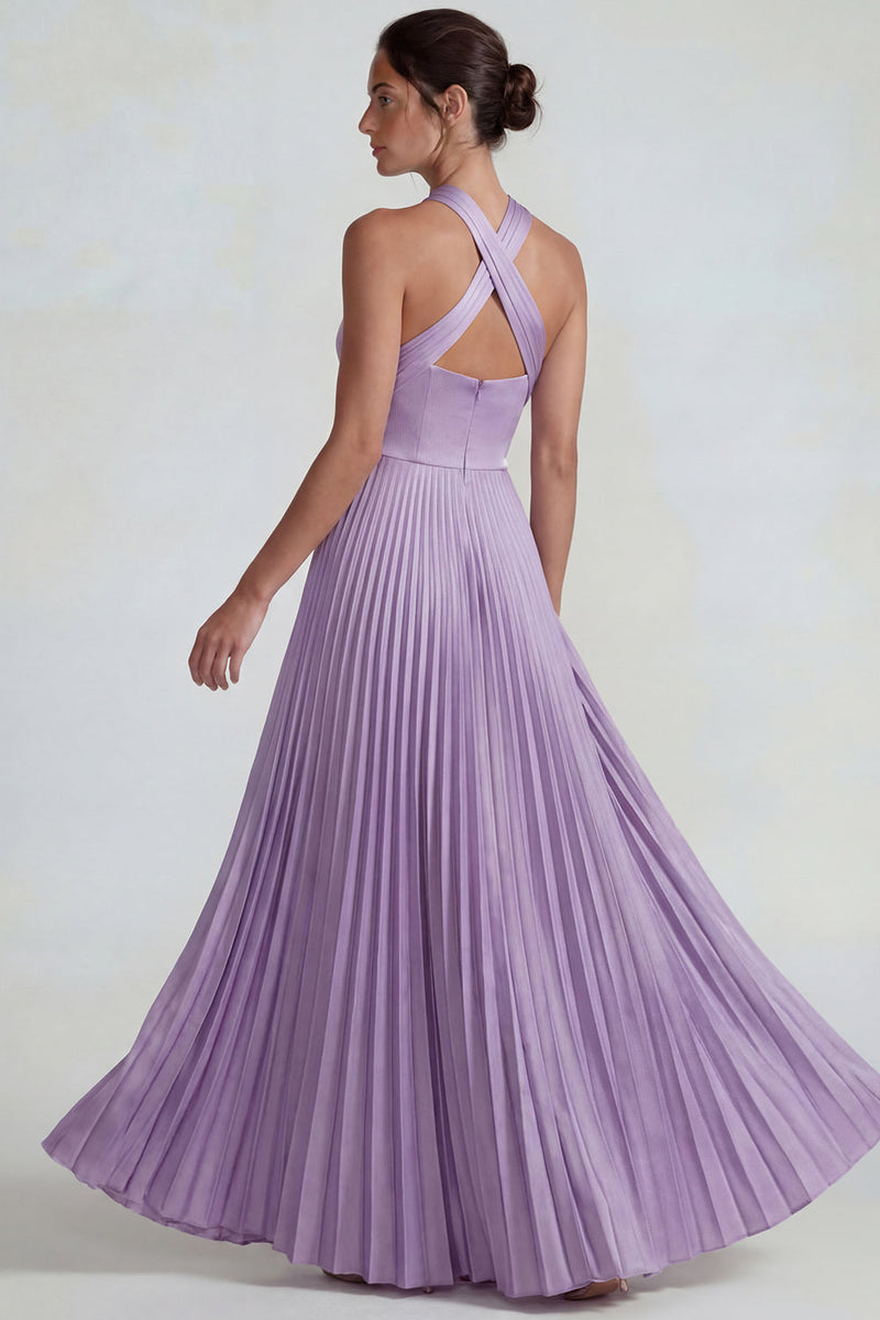 Load image into Gallery viewer, Lilac A Line Halter Satin Pleated Long Formal Dress