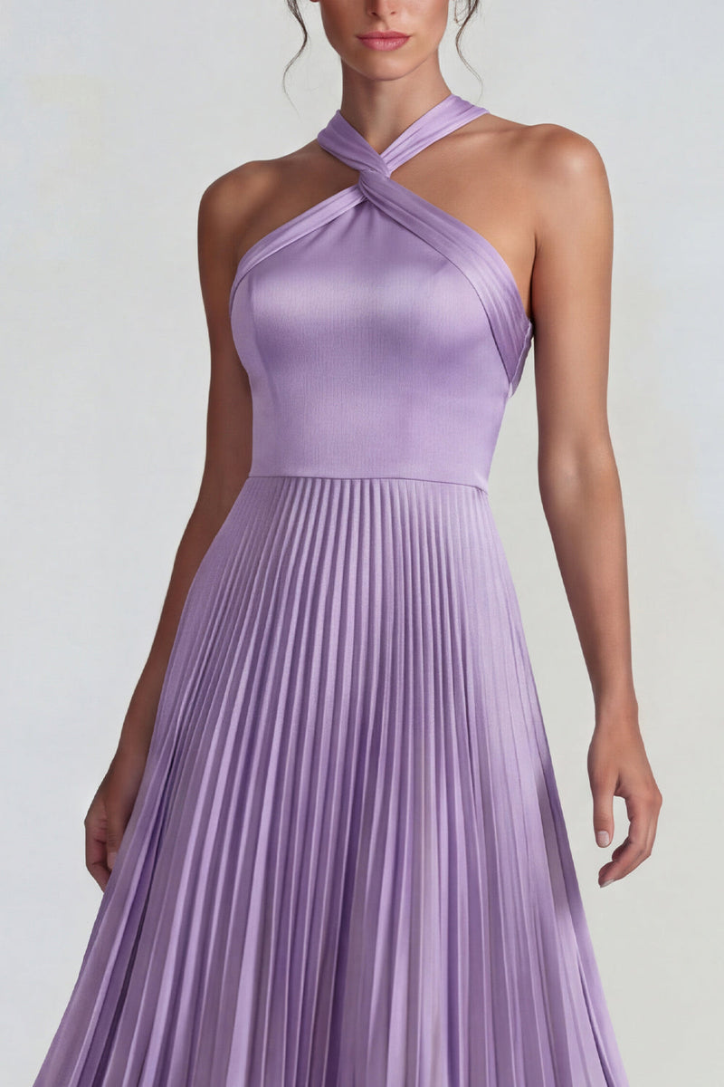 Load image into Gallery viewer, Lilac A Line Halter Satin Pleated Long Formal Dress