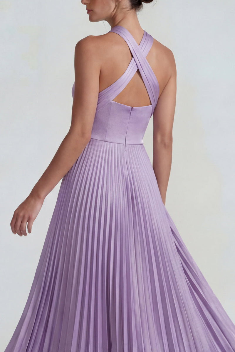 Load image into Gallery viewer, Lilac A Line Halter Satin Pleated Long Formal Dress