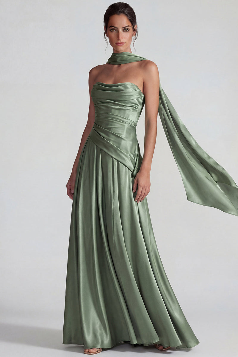 Load image into Gallery viewer, Dusty Sage A Line Satin Neck Scarf Long Formal Dress
