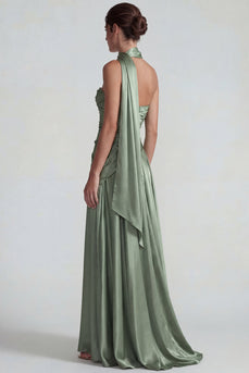 Dusty Sage A Line Satin Neck Scarf Long Formal Dress