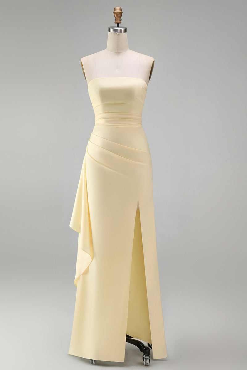 Load image into Gallery viewer, Light Yellow Strapless Ruffled Satin Sheath Long Formal Dress with Slit