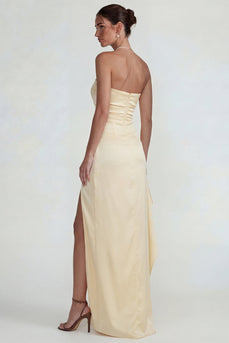 Light Yellow Strapless Ruffled Satin Sheath Long Formal Dress with Slit