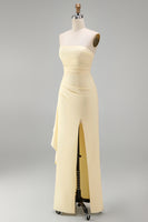 Load image into Gallery viewer, Light Yellow Strapless Ruffled Satin Sheath Long Formal Dress with Slit