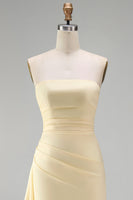 Load image into Gallery viewer, Light Yellow Strapless Ruffled Satin Sheath Long Formal Dress with Slit