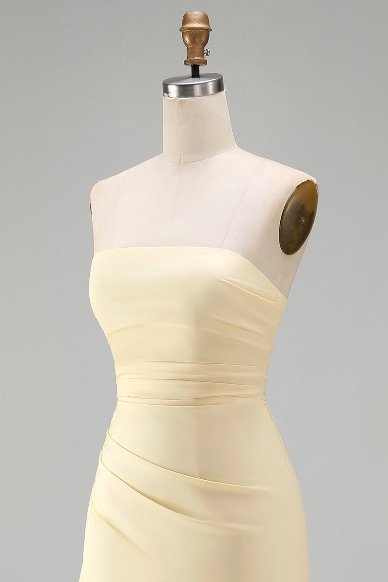Load image into Gallery viewer, Light Yellow Strapless Ruffled Satin Sheath Long Formal Dress with Slit