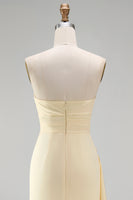 Load image into Gallery viewer, Light Yellow Strapless Ruffled Satin Sheath Long Formal Dress with Slit