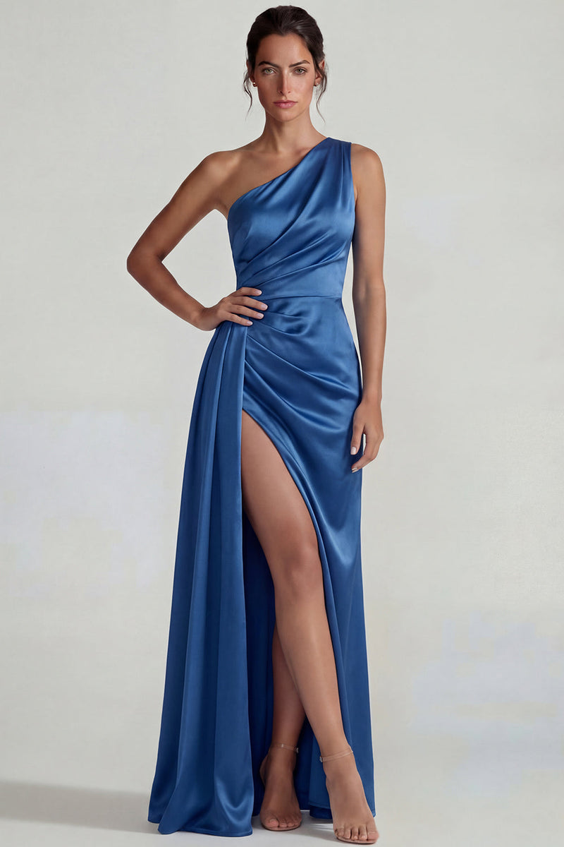 Load image into Gallery viewer, Dark Blue Sheath One Shoulder Long Satin Formal Dress with Slit
