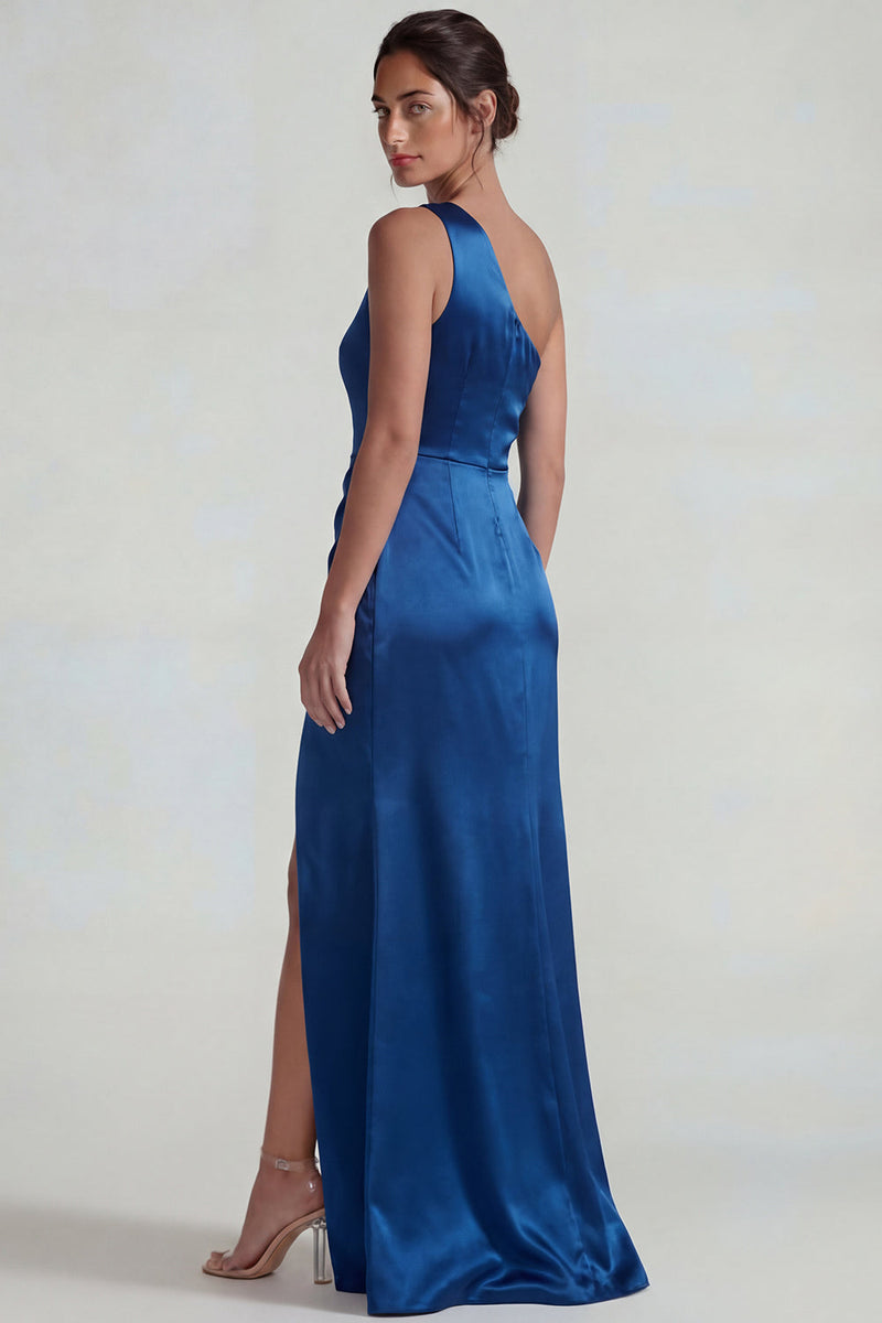 Load image into Gallery viewer, Dark Blue Sheath One Shoulder Long Satin Formal Dress with Slit
