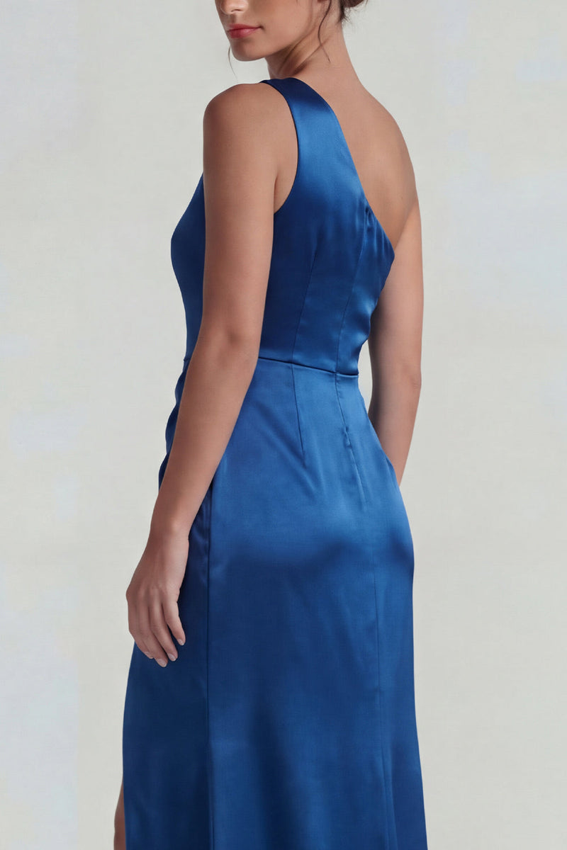 Load image into Gallery viewer, Dark Blue Sheath One Shoulder Long Satin Formal Dress with Slit