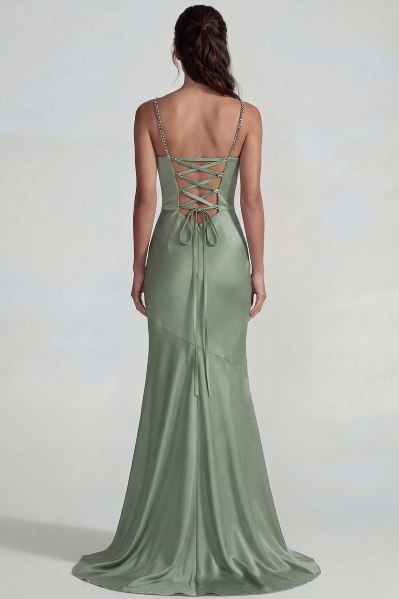 Load image into Gallery viewer, Dusty Sage Mermaid Spaghetti Straps Satin Long Formal Dress