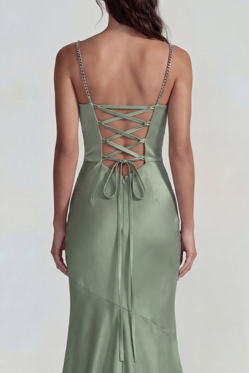 Load image into Gallery viewer, Dusty Sage Mermaid Spaghetti Straps Satin Long Formal Dress