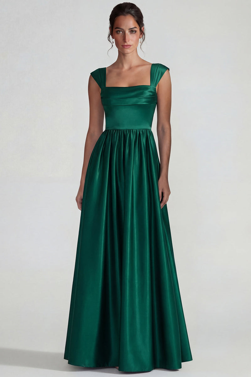 Load image into Gallery viewer, Dark Green Satin A Line Square Neck Long Formal Dress