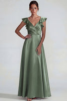 Load image into Gallery viewer, Dusty Sage Ruffled V Neck A Line Long Satin Formal Dress