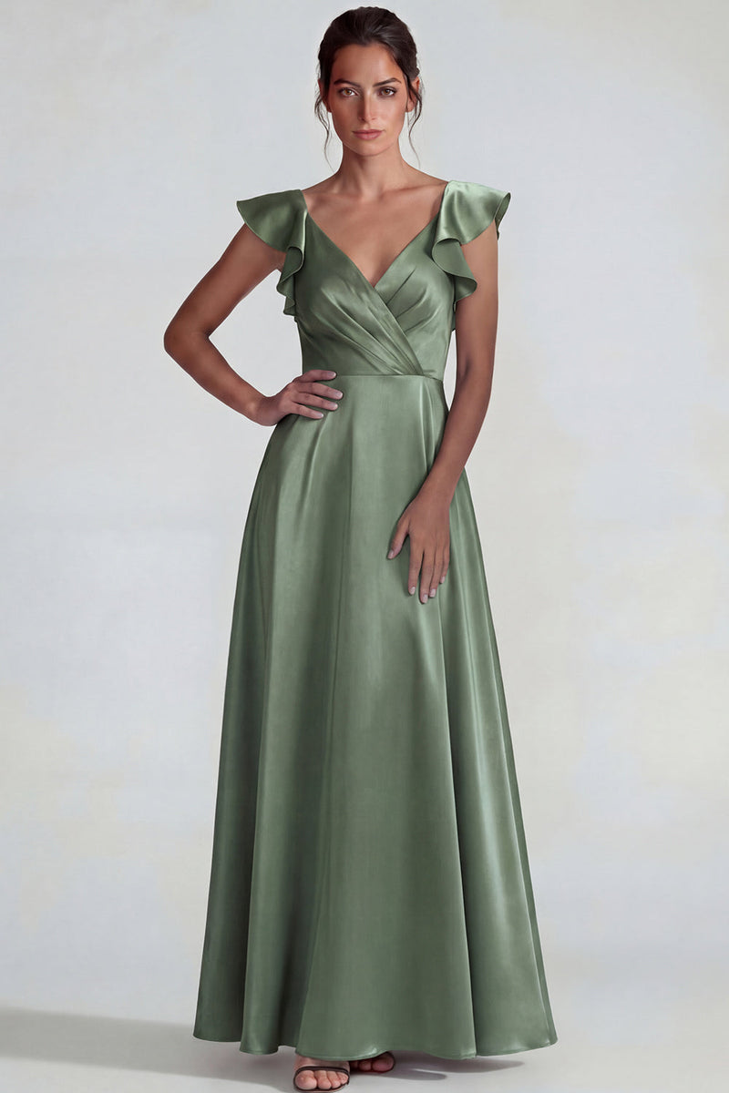 Load image into Gallery viewer, Dusty Sage Ruffled V Neck A Line Long Satin Formal Dress