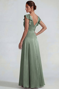 Dusty Sage Ruffled V Neck A Line Long Satin Formal Dress