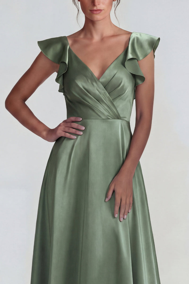 Load image into Gallery viewer, Dusty Sage Ruffled V Neck A Line Long Satin Formal Dress